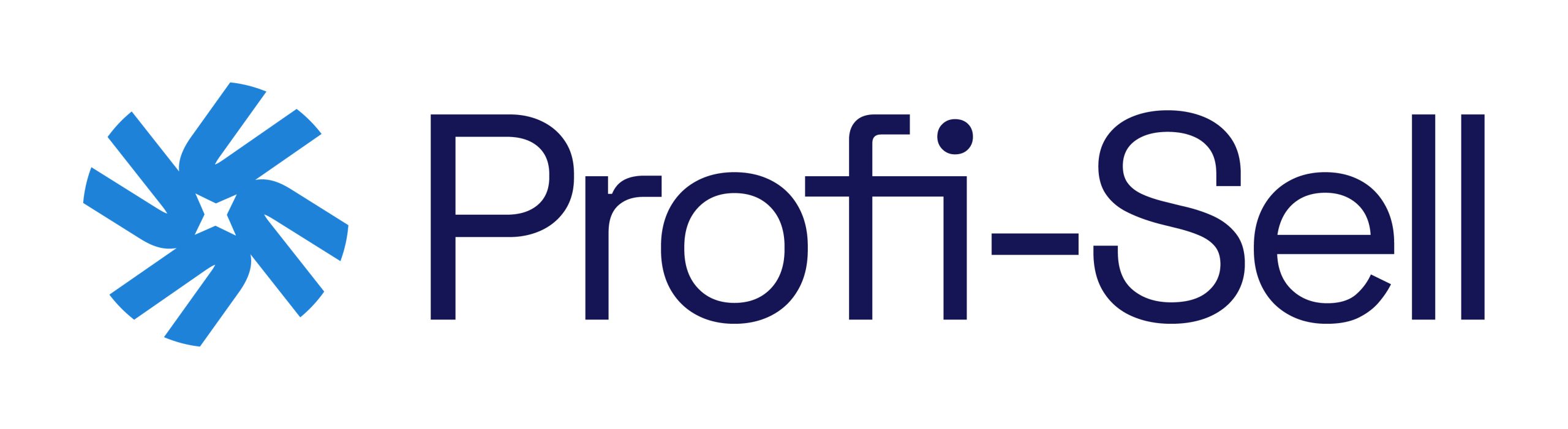 Logo firmy Profi-Sell składające się z błękitnego sygnetu w kształcie stylizowanego wiatraczka lub wirujących strzałek po lewej stronie oraz ciemnogranatowego napisu "Profi-Sell" po prawej stronie.